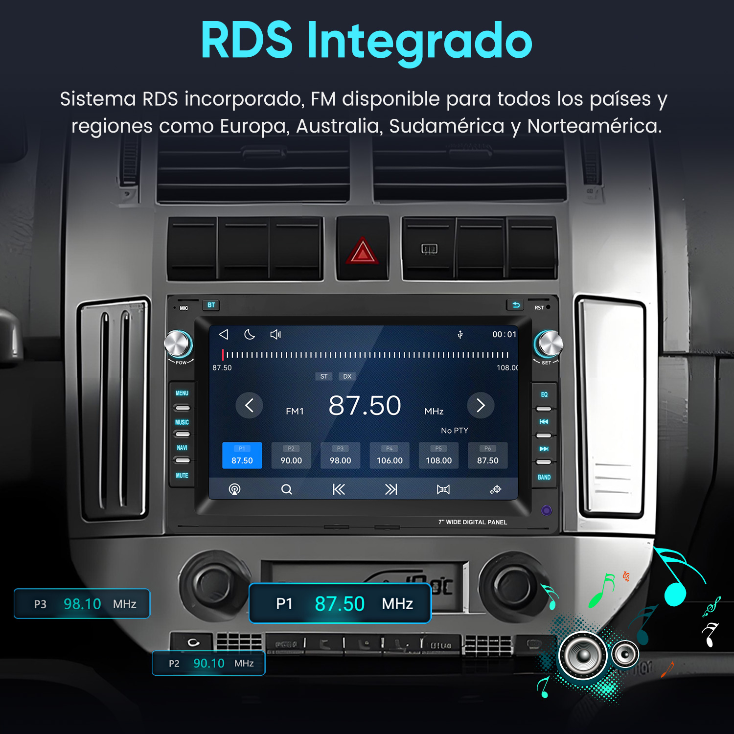 Un sistema de audio para auto en el tablero muestra la frecuencia de radio FM 87.50 MHz y RDS integrado.