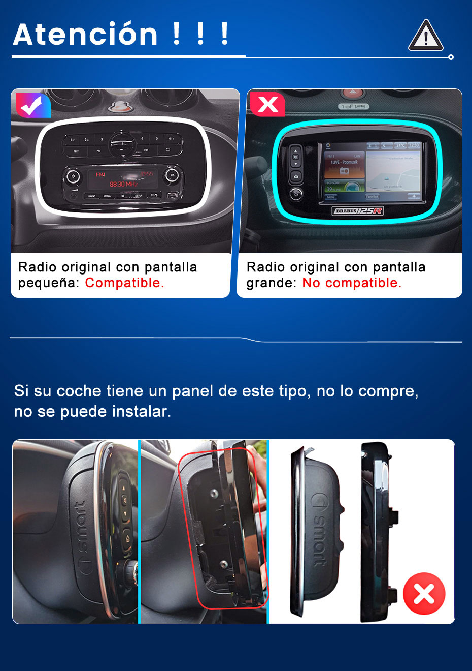 Infografía que muestra la compatibilidad de la radio del coche: pantalla pequeña compatible, pantalla grande no compatible.