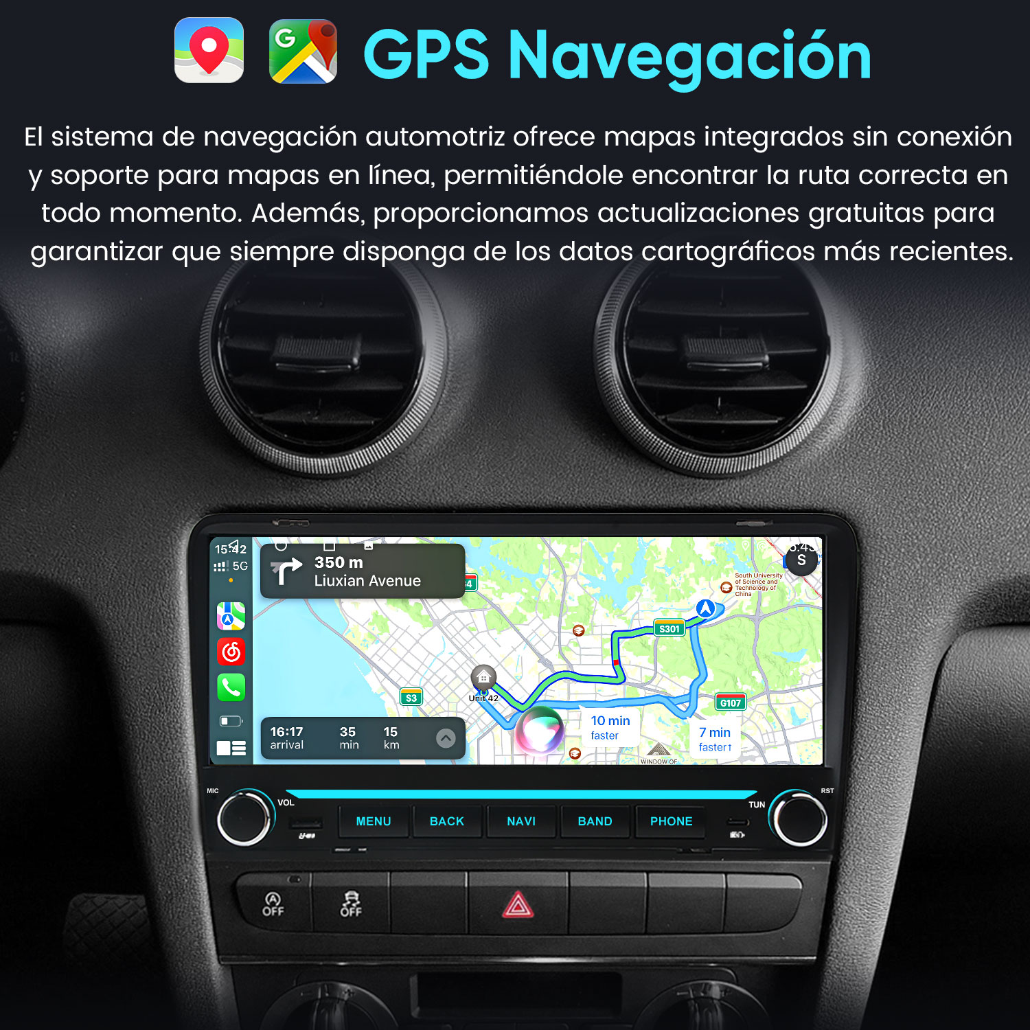 Interior de coche con una pantalla de navegación GPS, rejillas de ventilación y botones.
