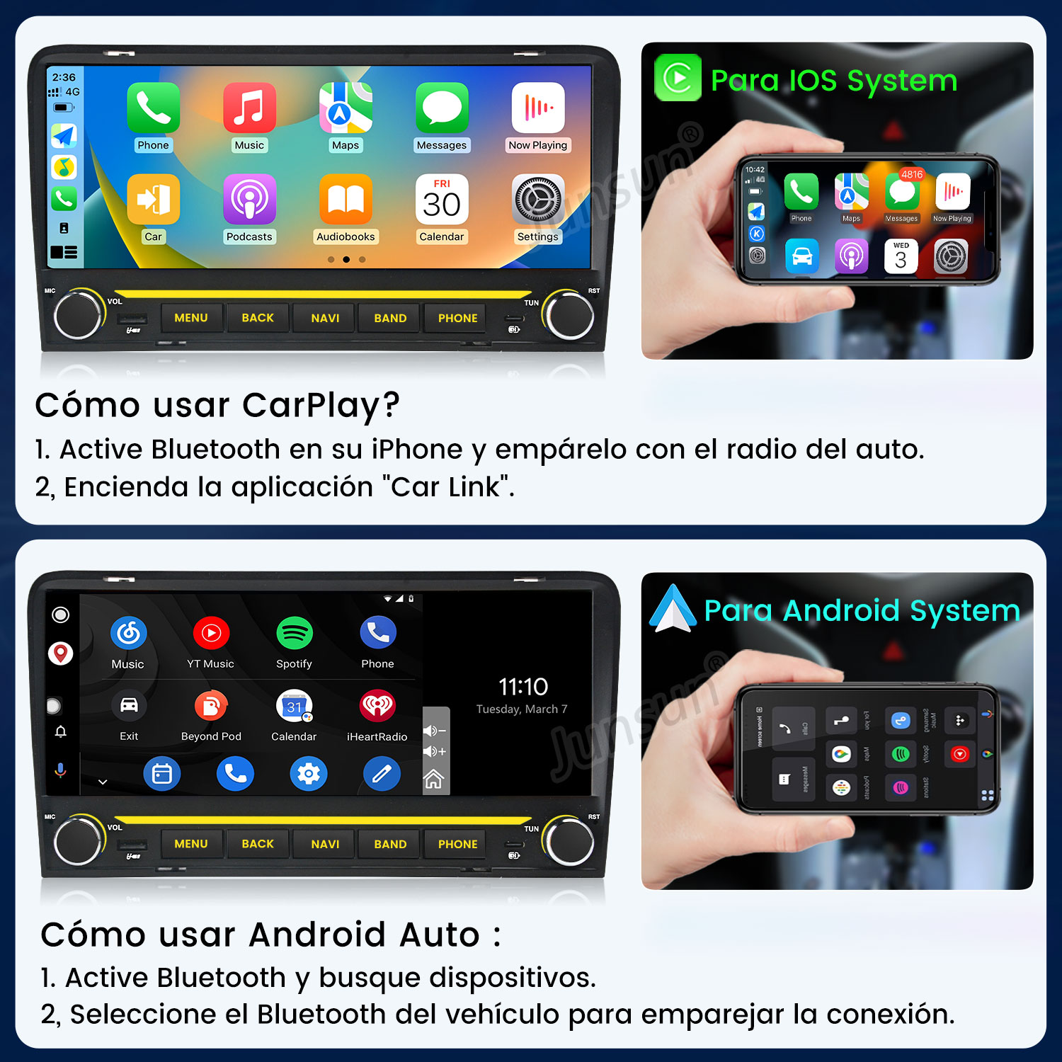 Instrucciones para usar CarPlay y Android Auto en una radio de coche conectada a un smartphone.