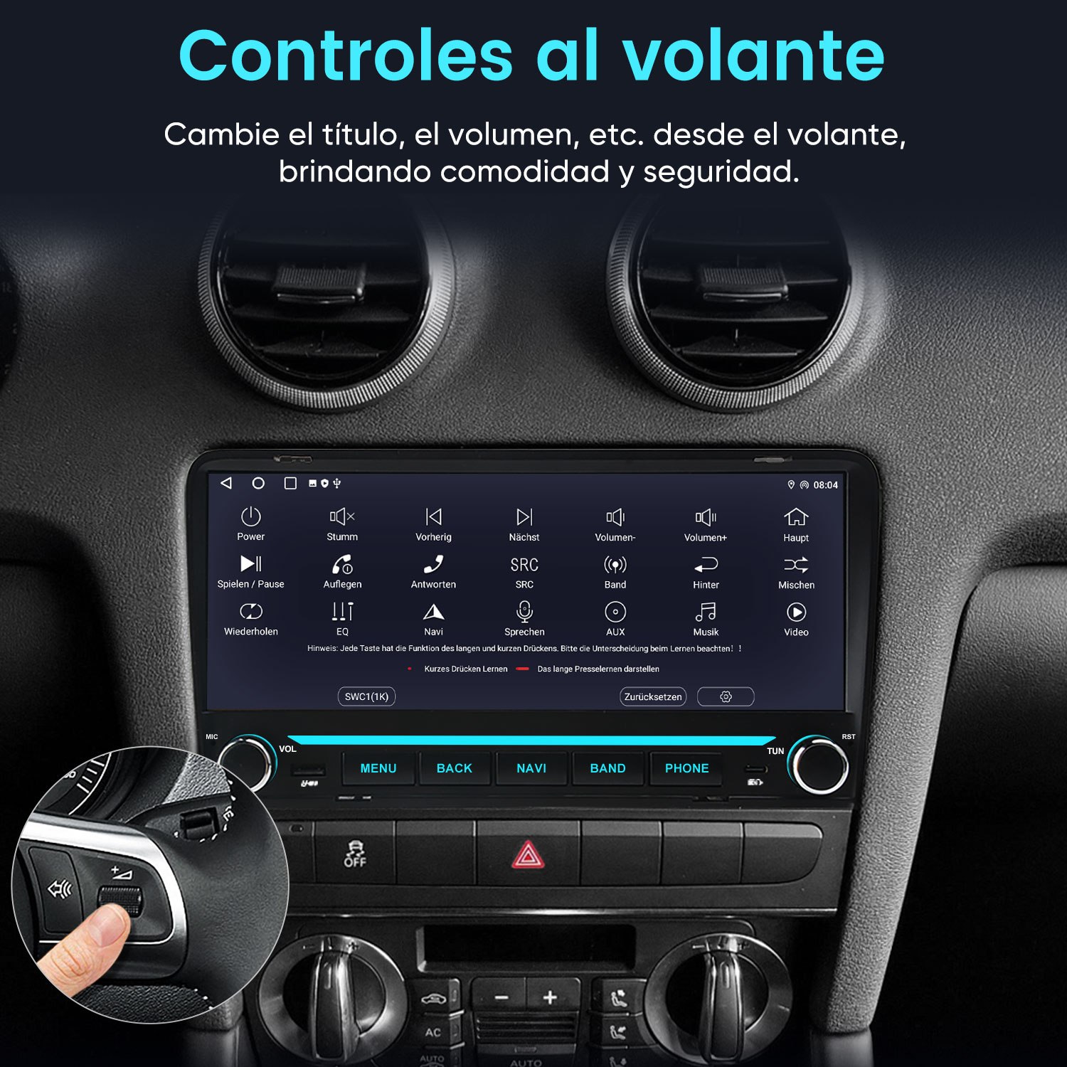 Un tablero de coche con pantalla táctil y un recuadro que muestra controles en el volante.