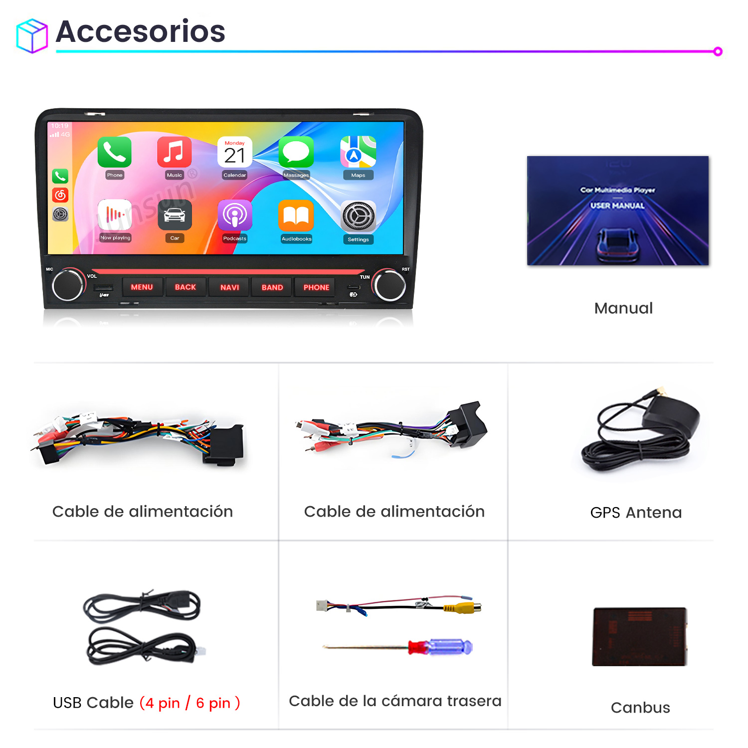 Radio de coche con pantalla táctil y accesorios como cables, antena GPS y manual.