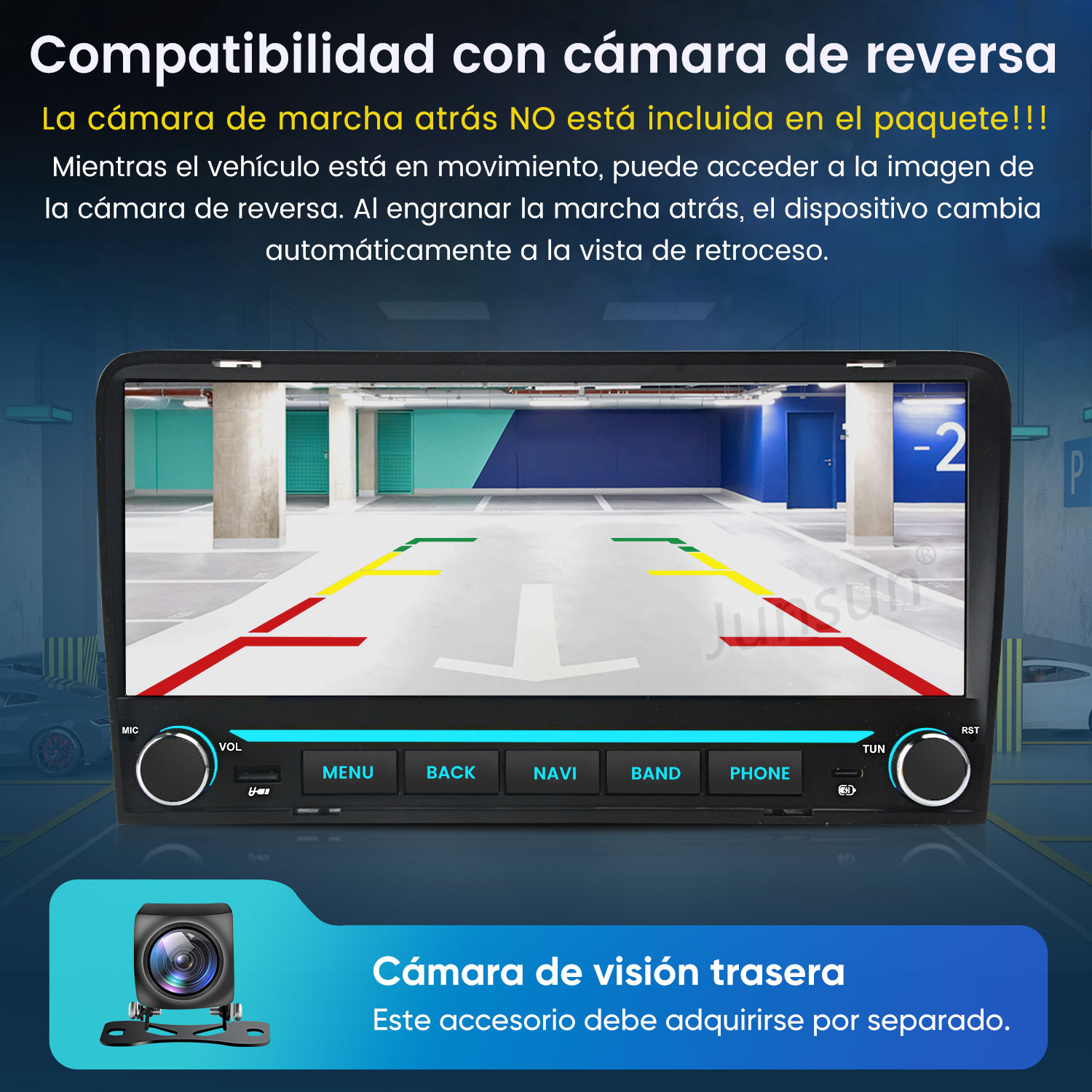 Autorradio que muestra la vista de una cámara trasera con guías de estacionamiento.