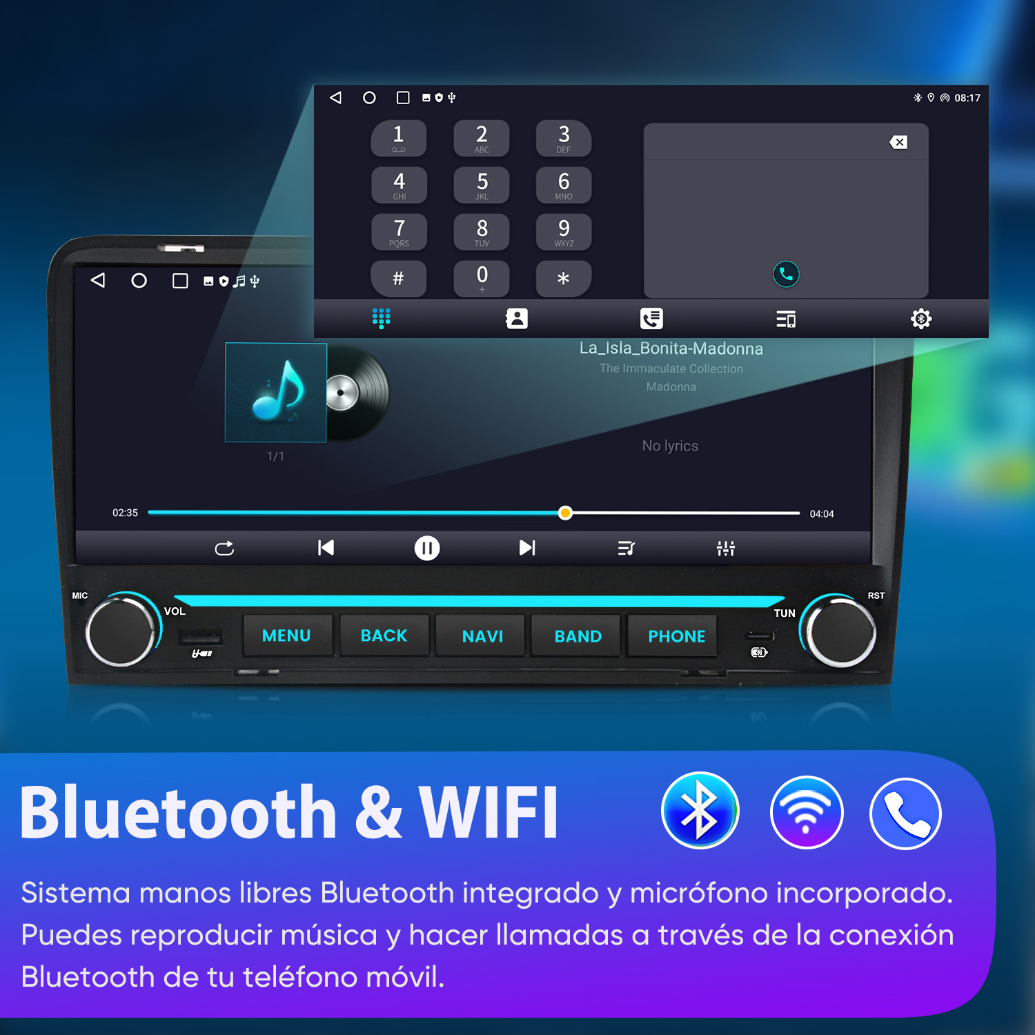 Sistema de audio para auto con pantalla táctil que muestra reproducción de música, Bluetooth y Wi-Fi.