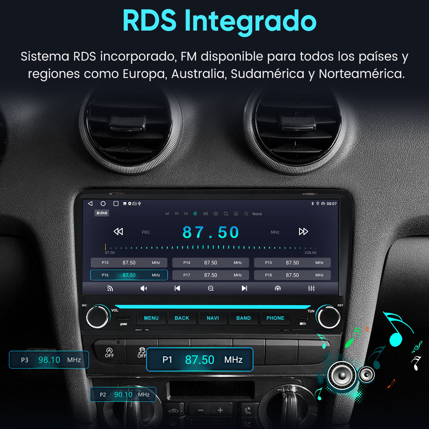 Un sistema de audio para coche en el salpicadero muestra la frecuencia 87,50 MHz.