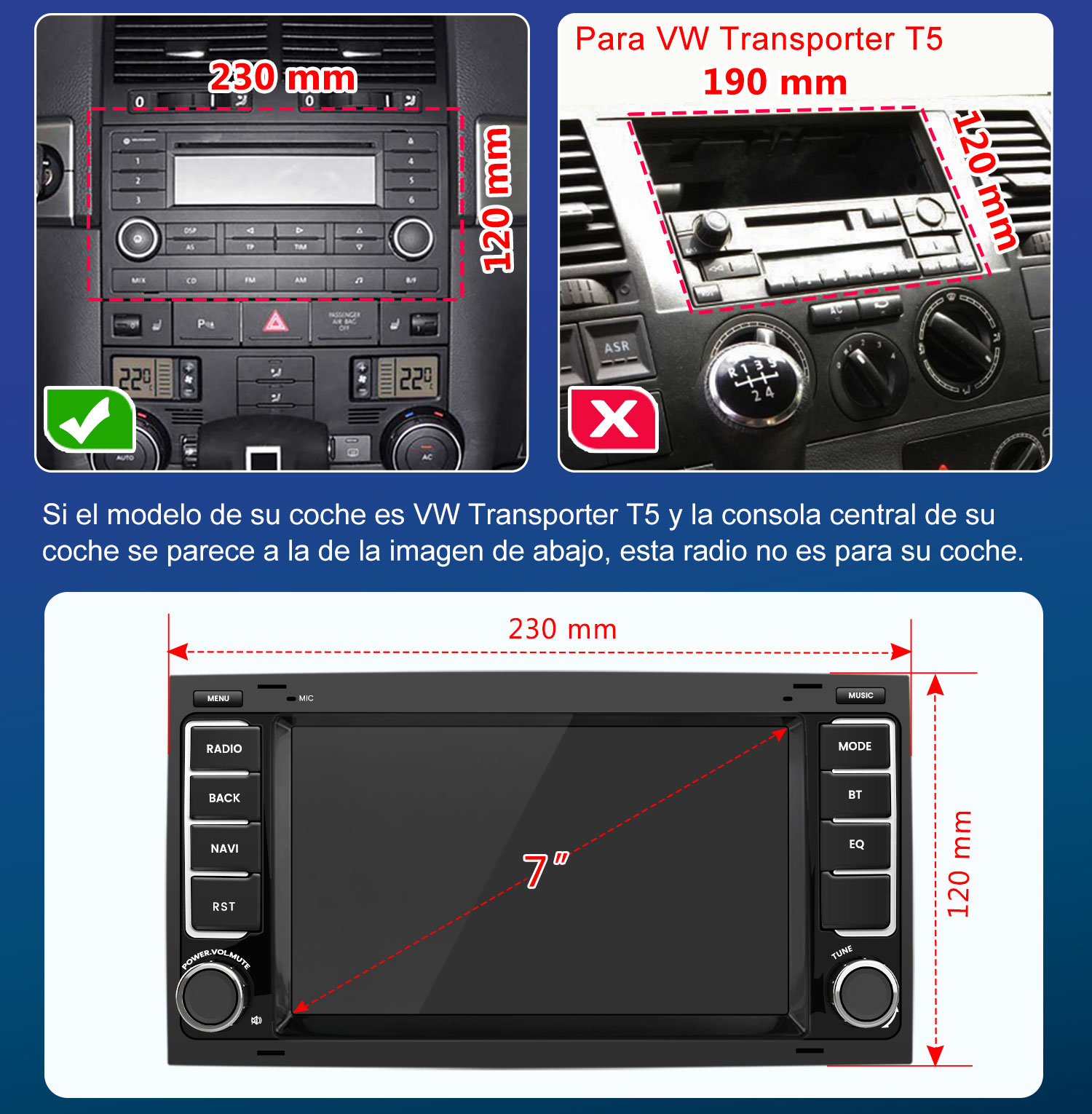 Diagrama con las dimensiones de una radio de coche de 7 pulgadas para VW Transporter T5.