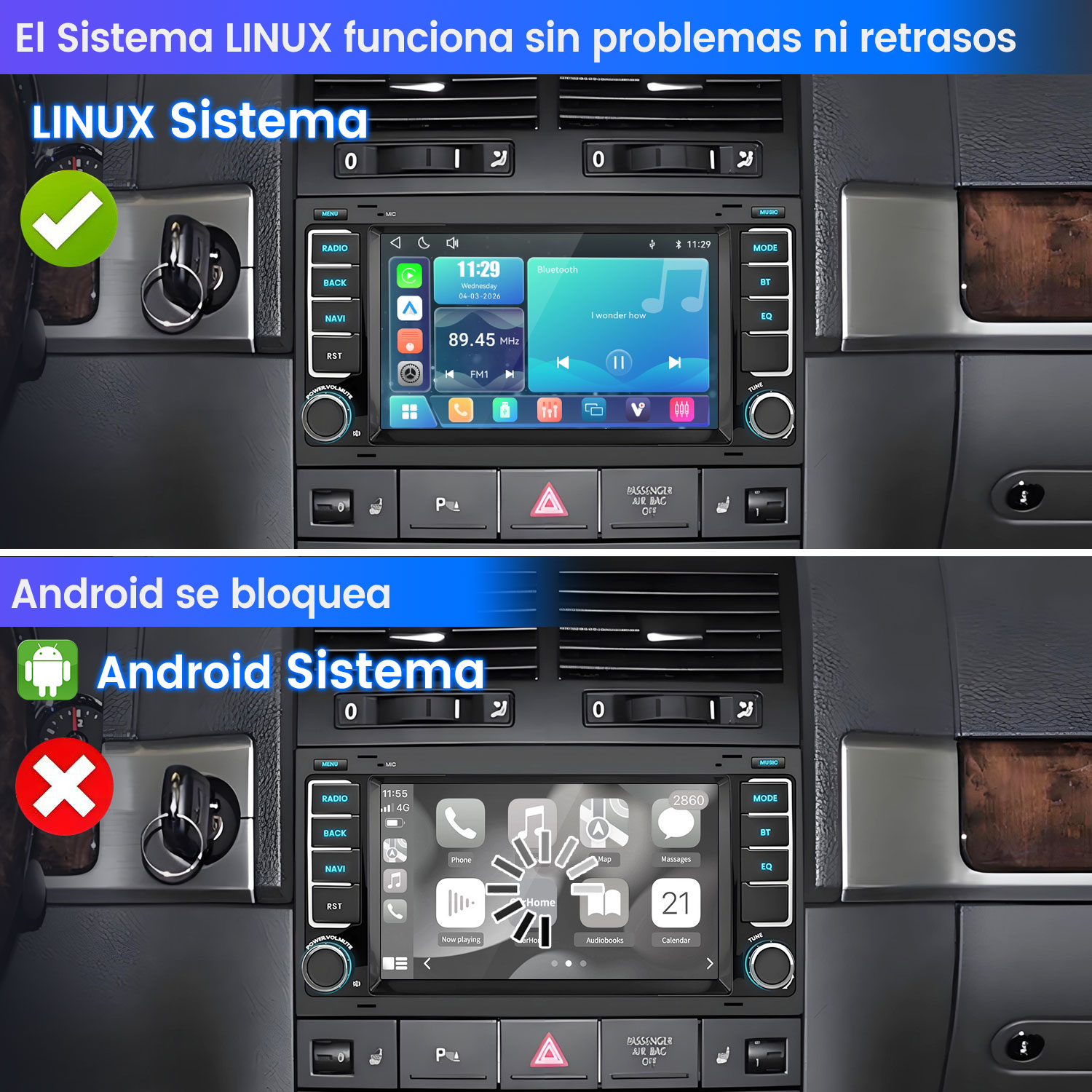 Comparación de sistemas de pantallas de coche Linux y Android en el salpicadero.