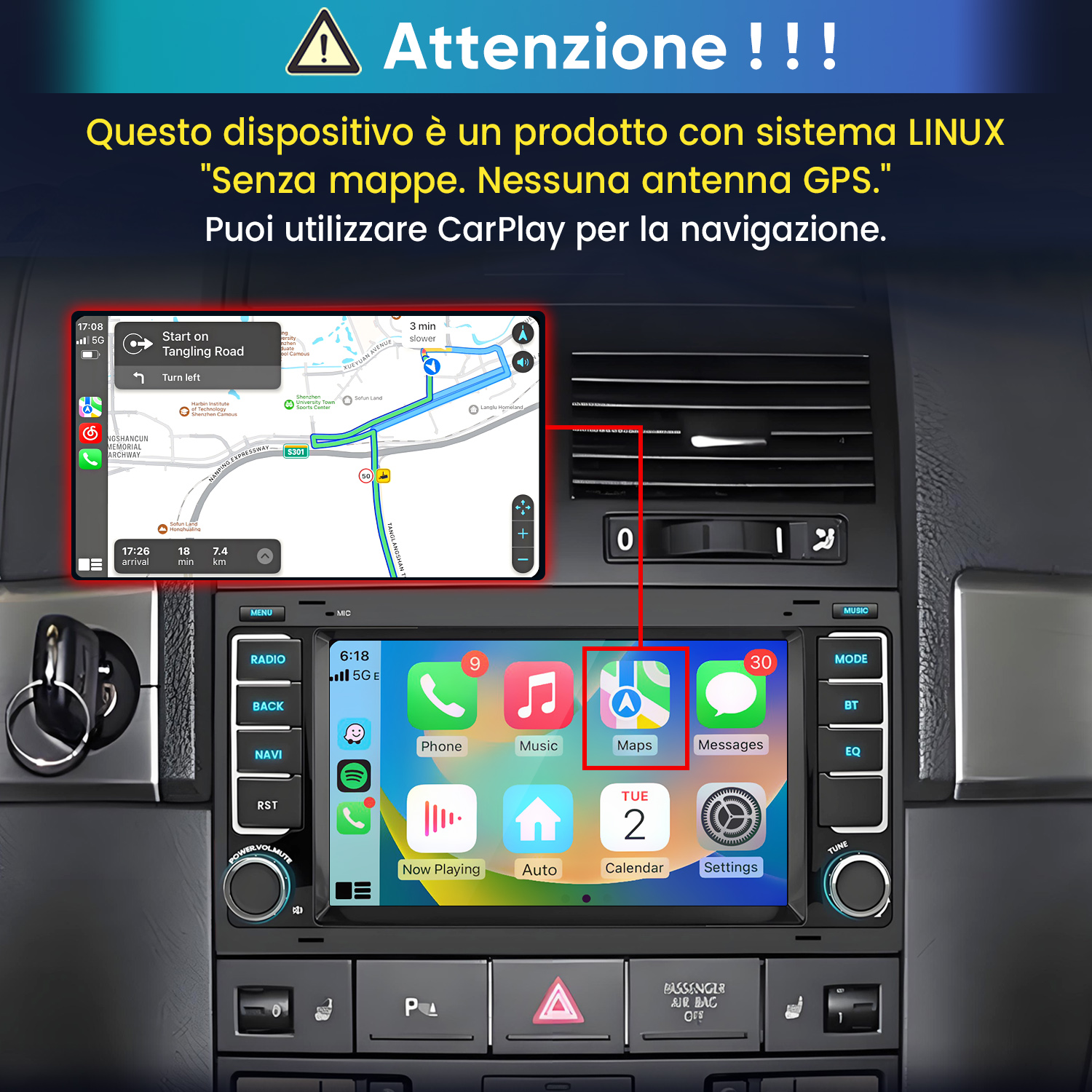 Radio de coche Linux con interfaz CarPlay, mapa de navegación e iconos.