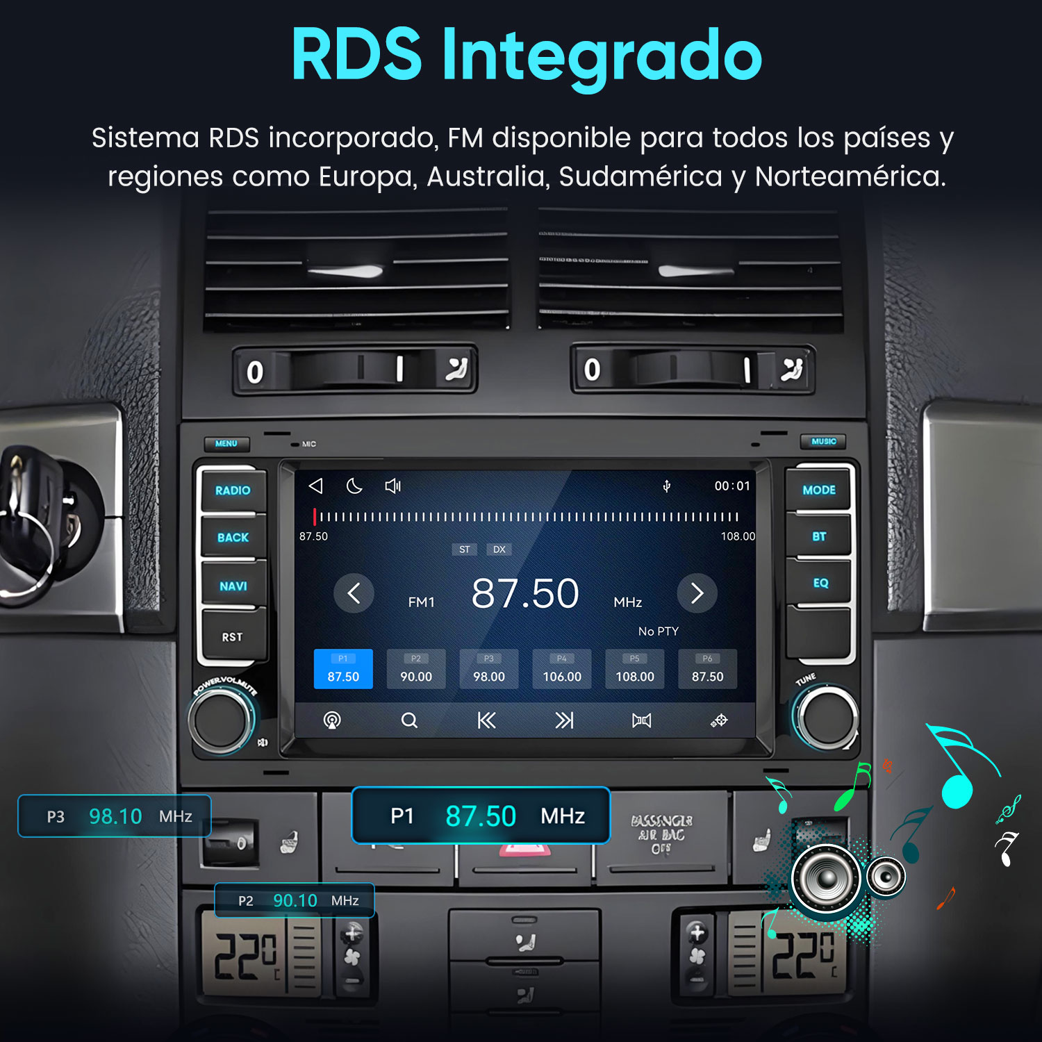 Un sistema de audio para coche en el salpicadero muestra la frecuencia 87.50 MHz.