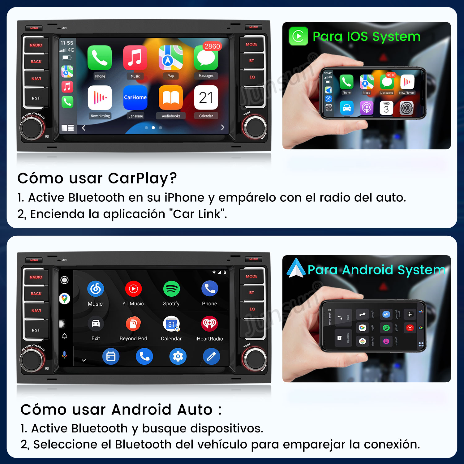 Instrucciones para usar Apple CarPlay y Android Auto en una radio de coche con conexión para smartphone.