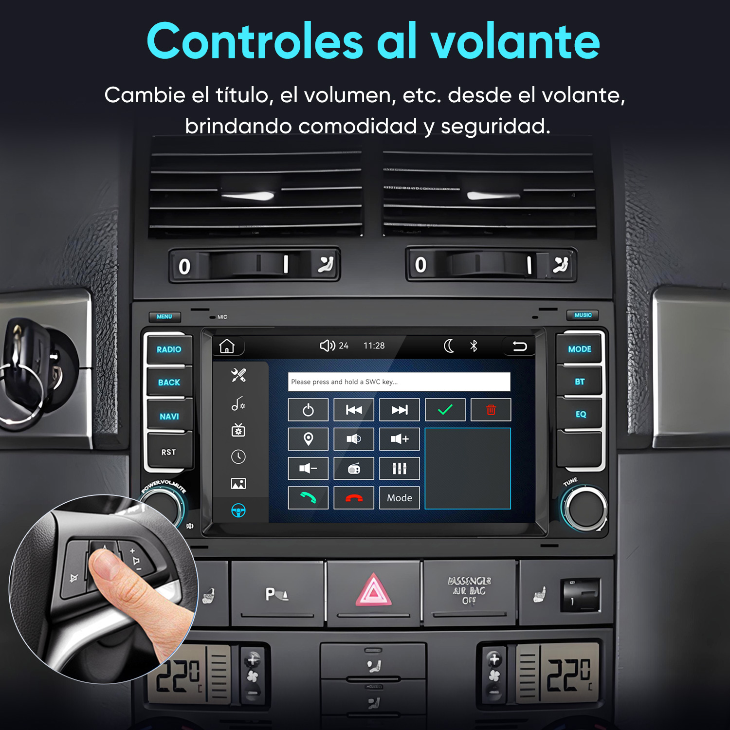 Pantalla de salpicadero de coche y controles de clima con opciones de control al volante.