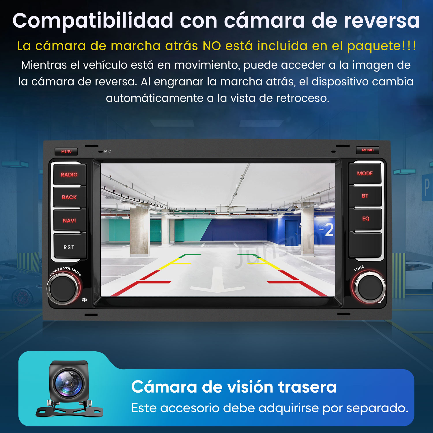 Autoradio con pantalla que muestra la vista de un estacionamiento desde una cámara de retroceso.