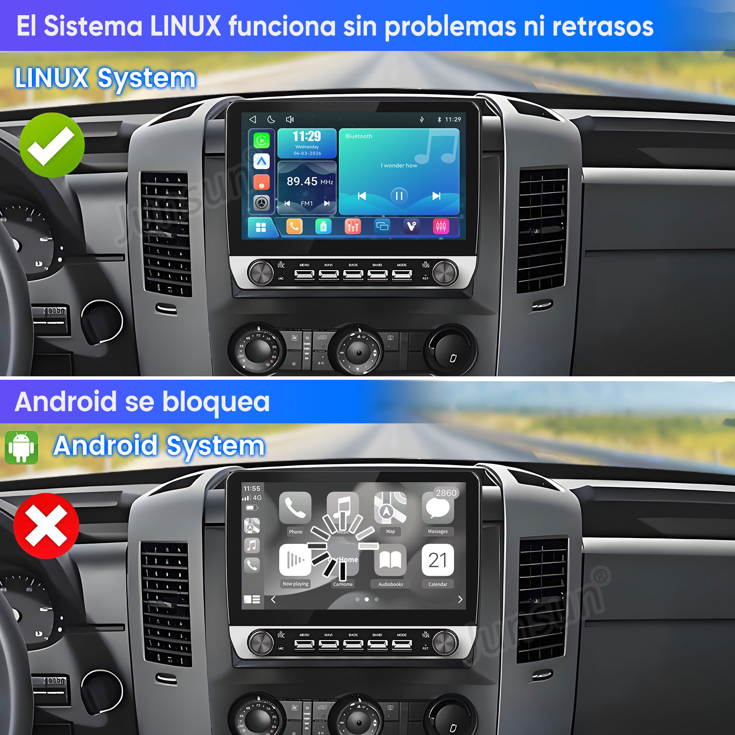 Comparación del sistema Linux funcionando sin problemas frente al sistema Android bloqueado.