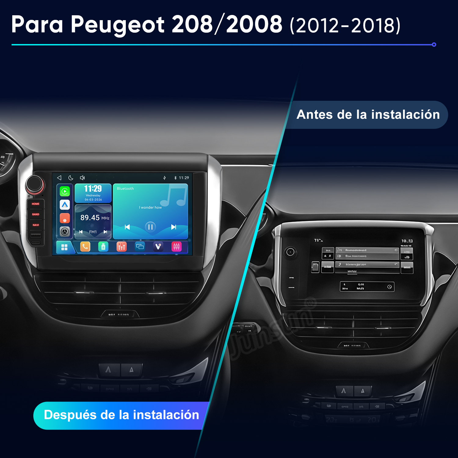 Comparación de una radio de coche antes y después de la instalación en un Peugeot.