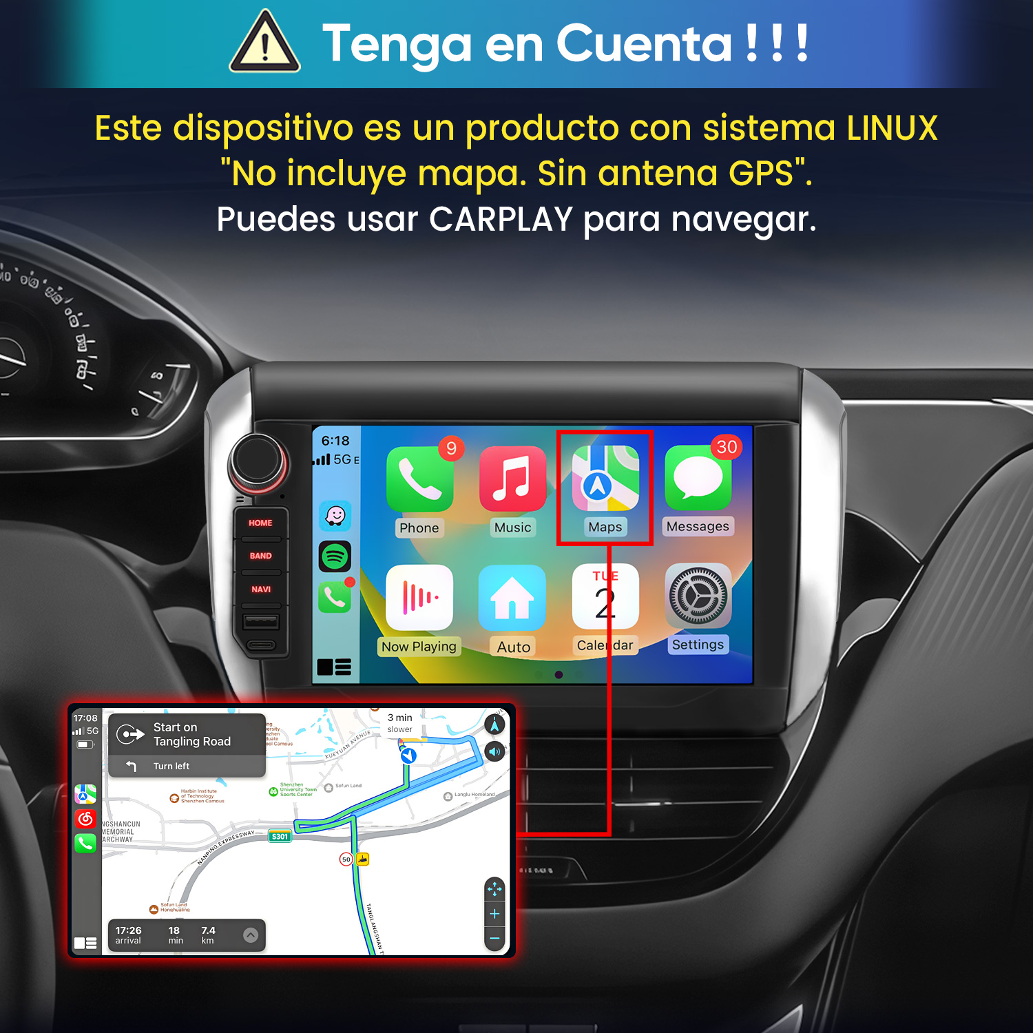Salpicadero de radio de coche Linux que muestra una interfaz de mapa de navegación GPS.