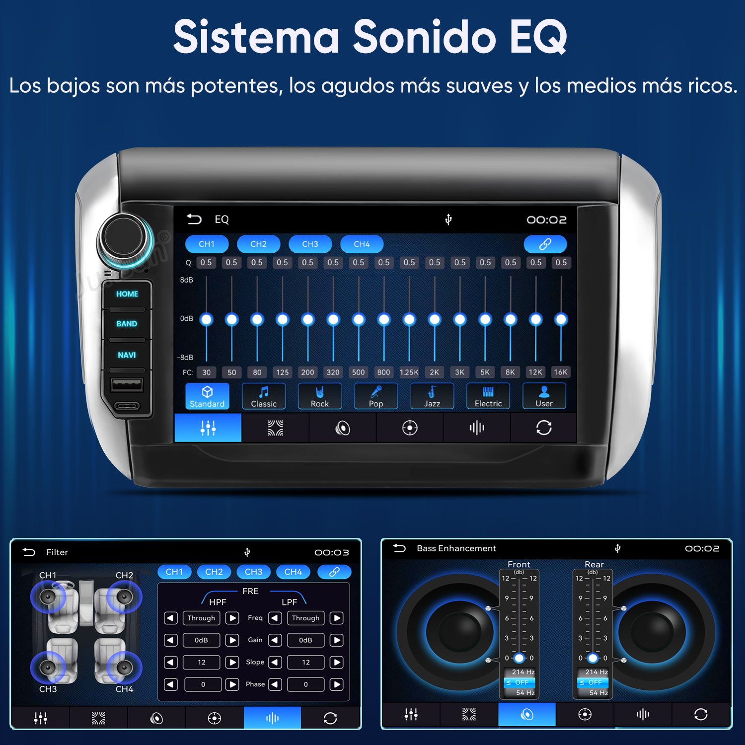 Un sistema de audio para coche con ecualizador táctil y ajustes de sonido.