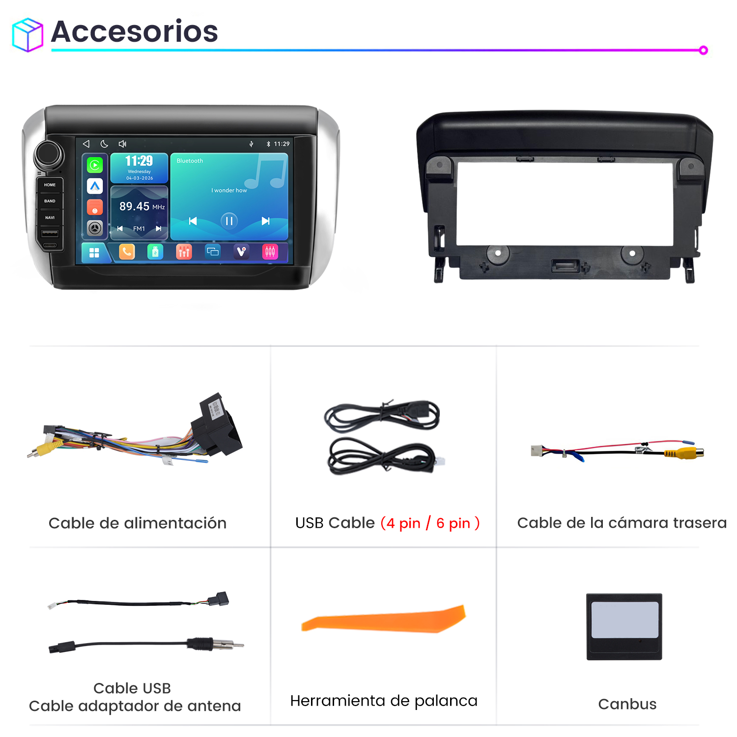 Accesorios para autorradio con pantalla, marco, cables y herramientas.