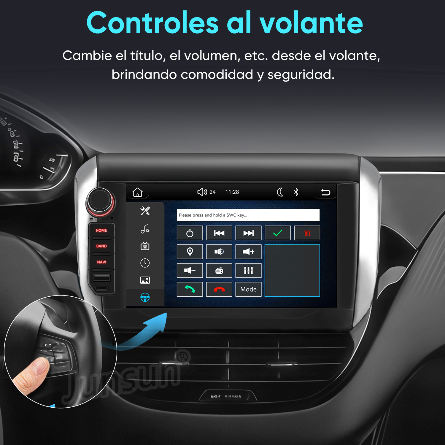 Pantalla multimedia de coche mostrando el menú de configuración del volante.
