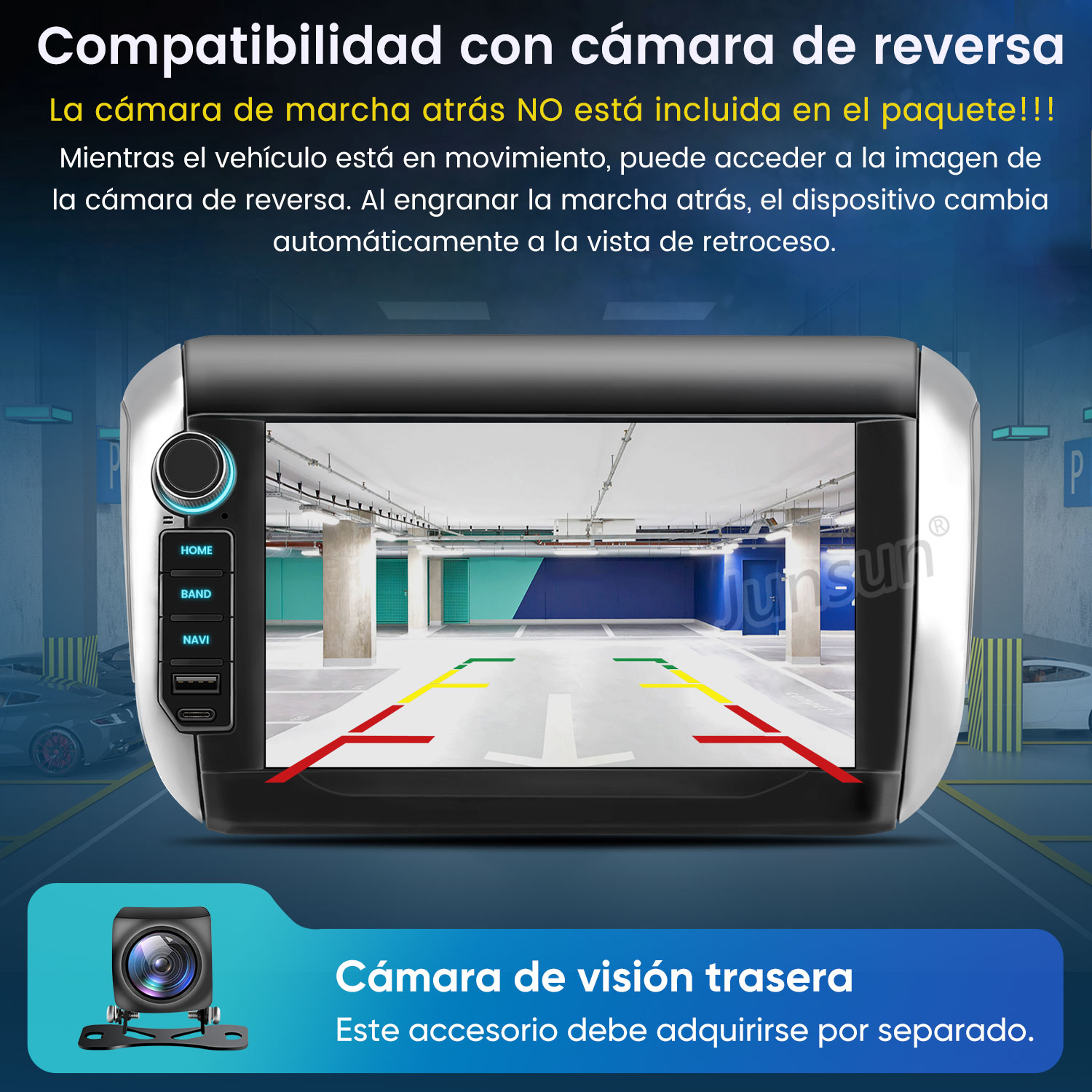 Estéreo de auto mostrando la vista de cámara de reversa de un estacionamiento subterráneo vacío.