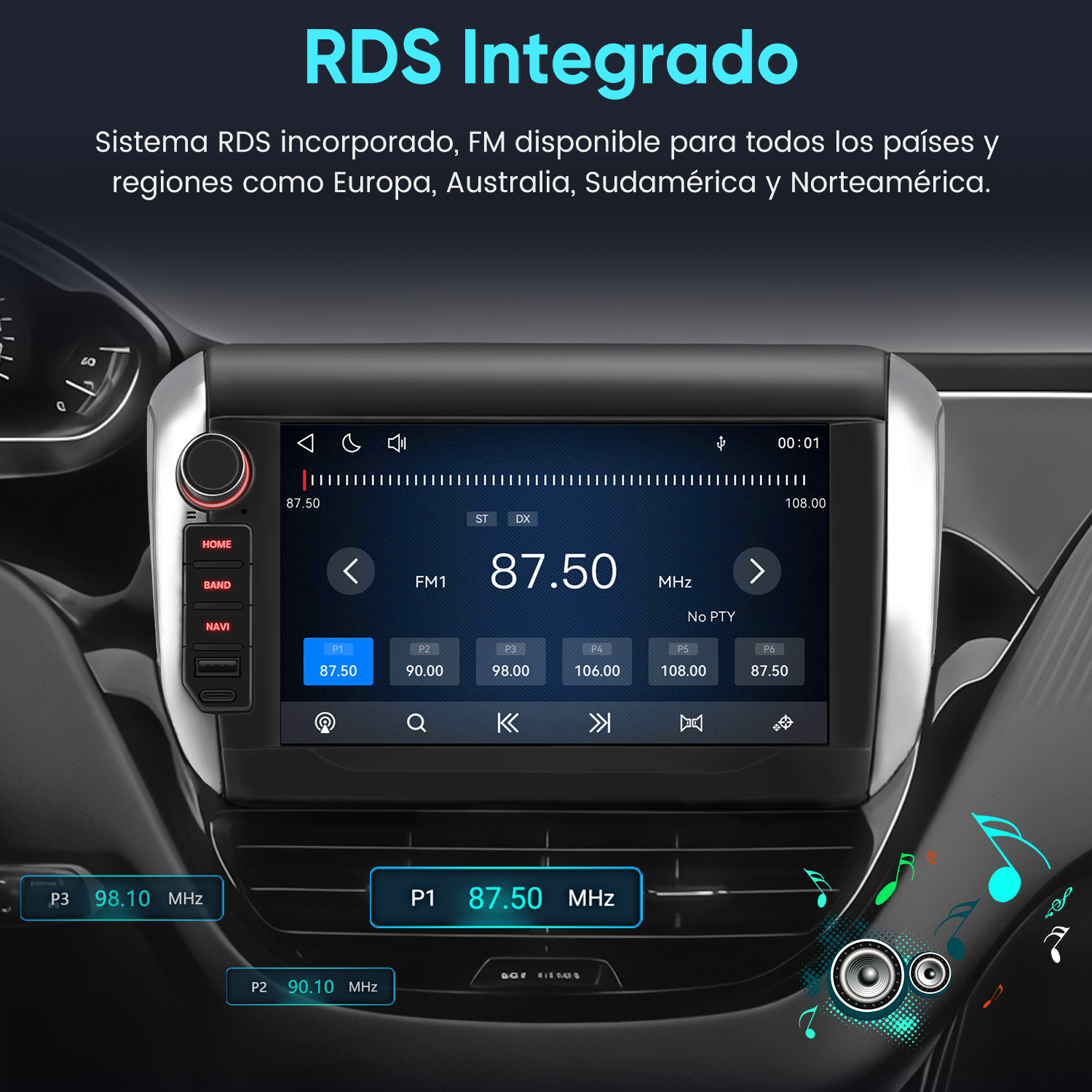 La pantalla de radio digital de un coche muestra 87,50 MHz con RDS y botones presintonizados.