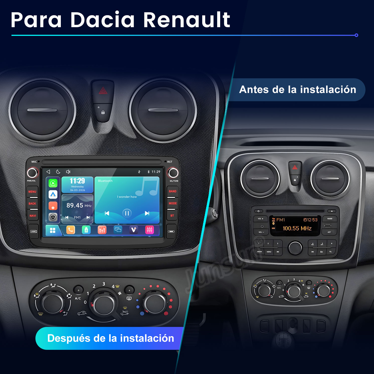 Comparación del salpicadero de un Dacia Renault antes y después de instalar una pantalla multimedia.