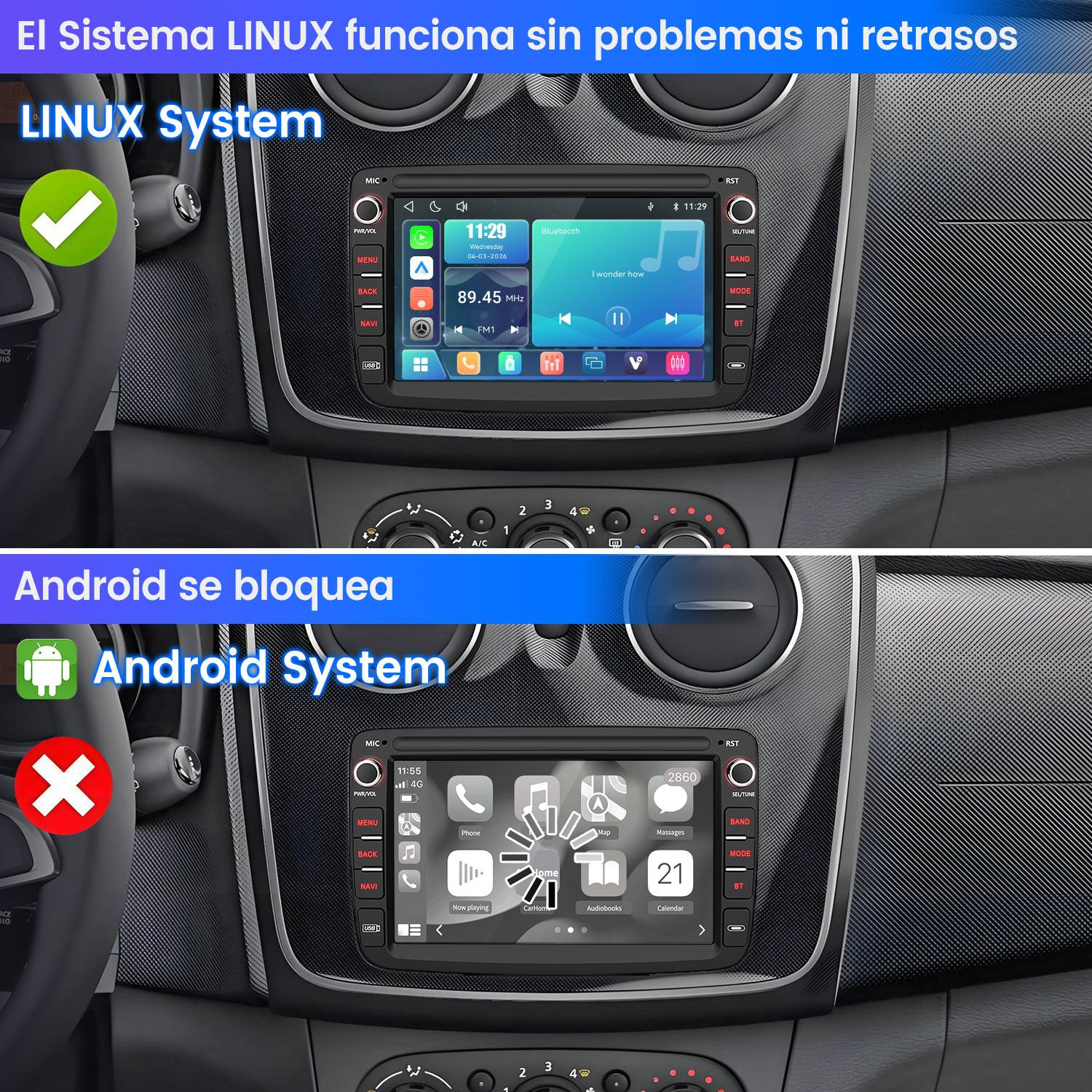 Comparación de una interfaz de radio de coche Linux fluida frente a un sistema Android lento.
