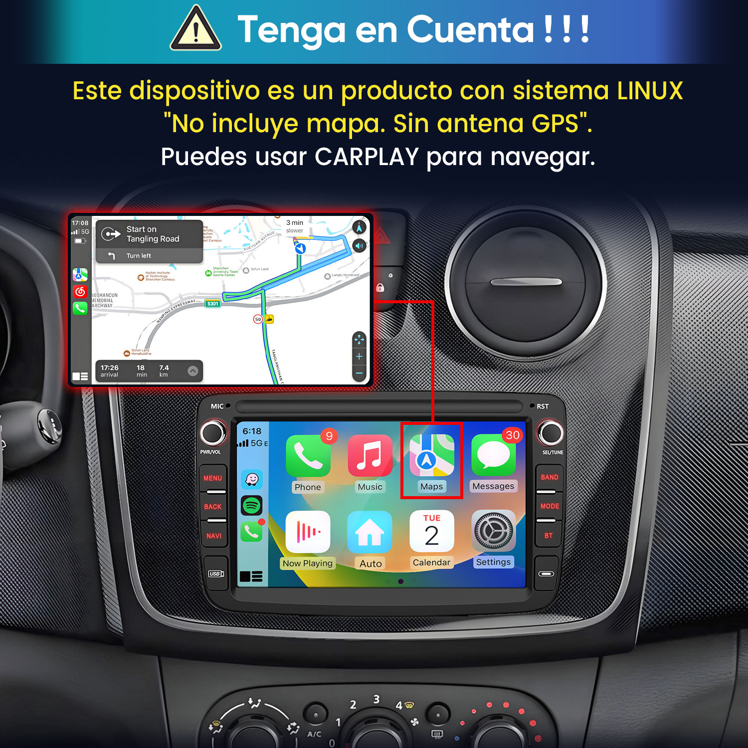 Autorradio Linux con interfaz CarPlay y pantalla de navegación.