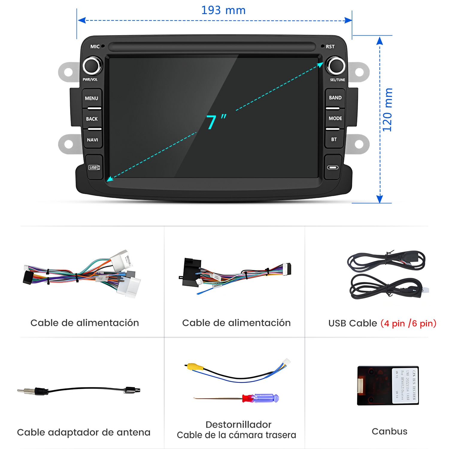 Autorradio de 7 pulgadas con medidas, cables, USB, adaptador de antena, destornillador y canbus.