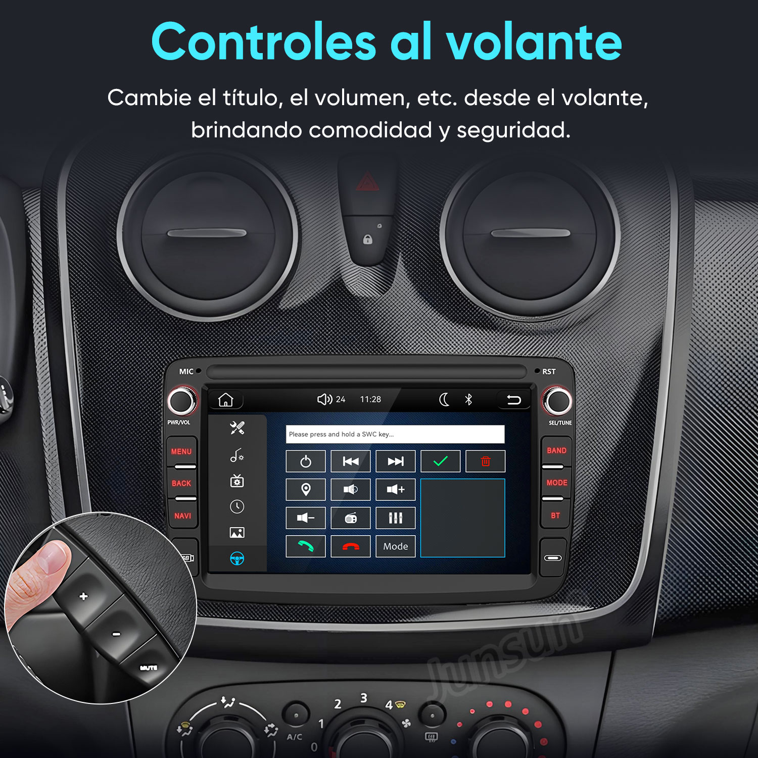 Interior de coche con pantalla multimedia en la consola central y controles en el volante.