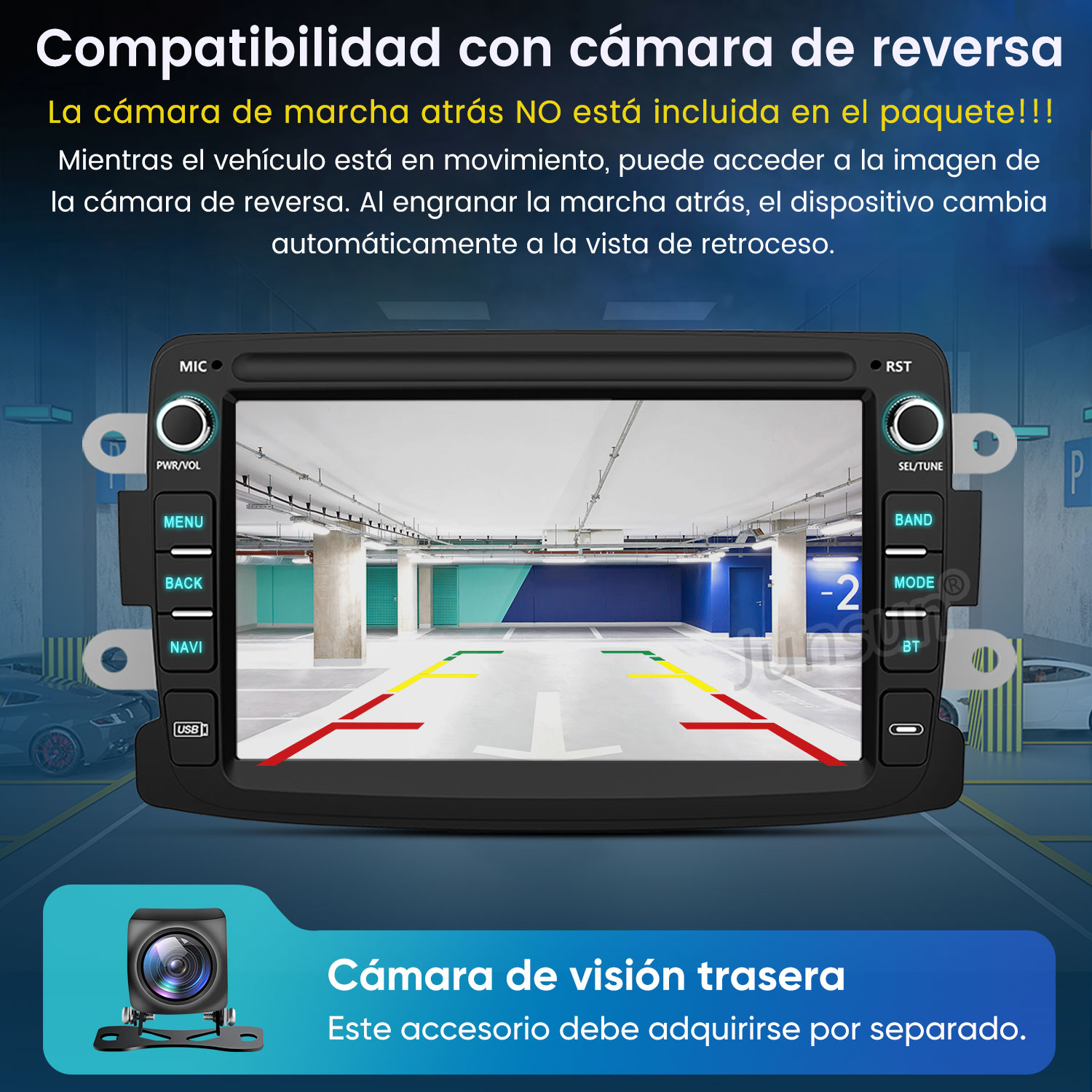 Autoradio con pantalla mostrando vista de cámara trasera con líneas de estacionamiento en un garaje.