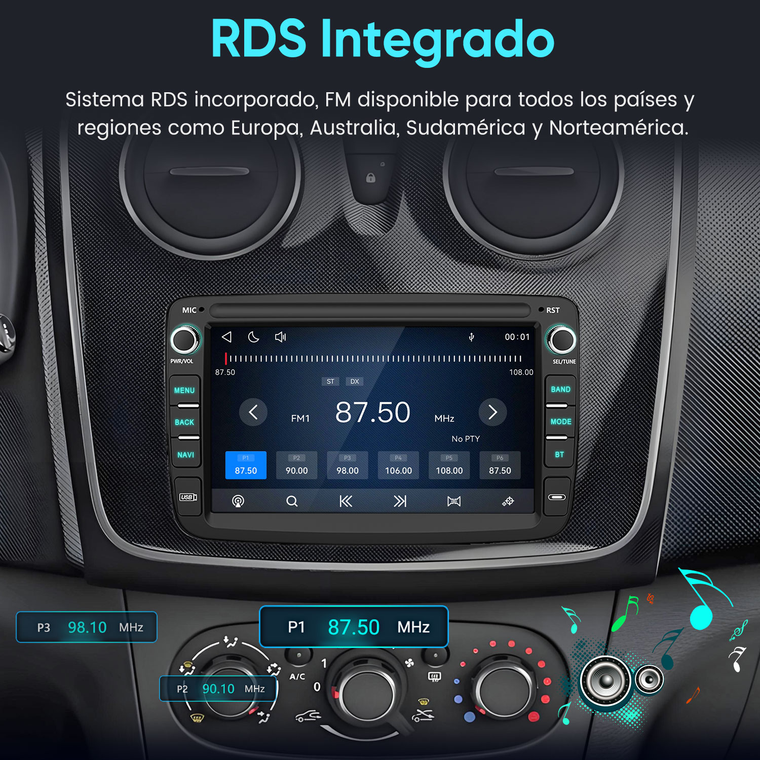 Un sistema de audio para coche en el salpicadero muestra la frecuencia 87.50 MHz y RDS integrado.