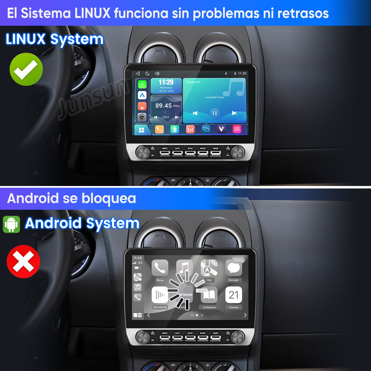 Comparación de sistemas de audio: Linux funciona fluido con tic verde, Android muestra un icono de carga con una X roja.