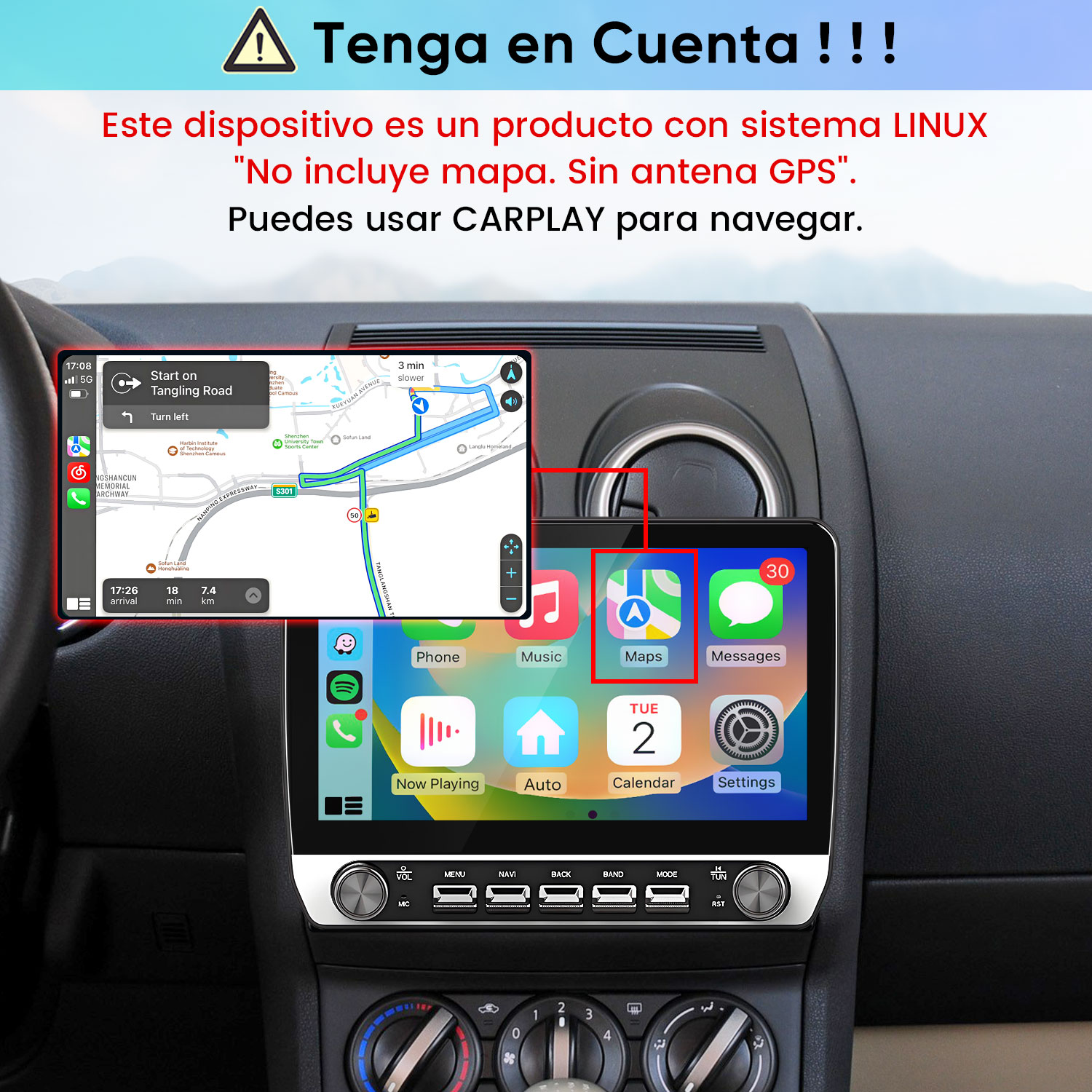 Una pantalla de infoentretenimiento muestra aplicaciones de Apple CarPlay con navegación.