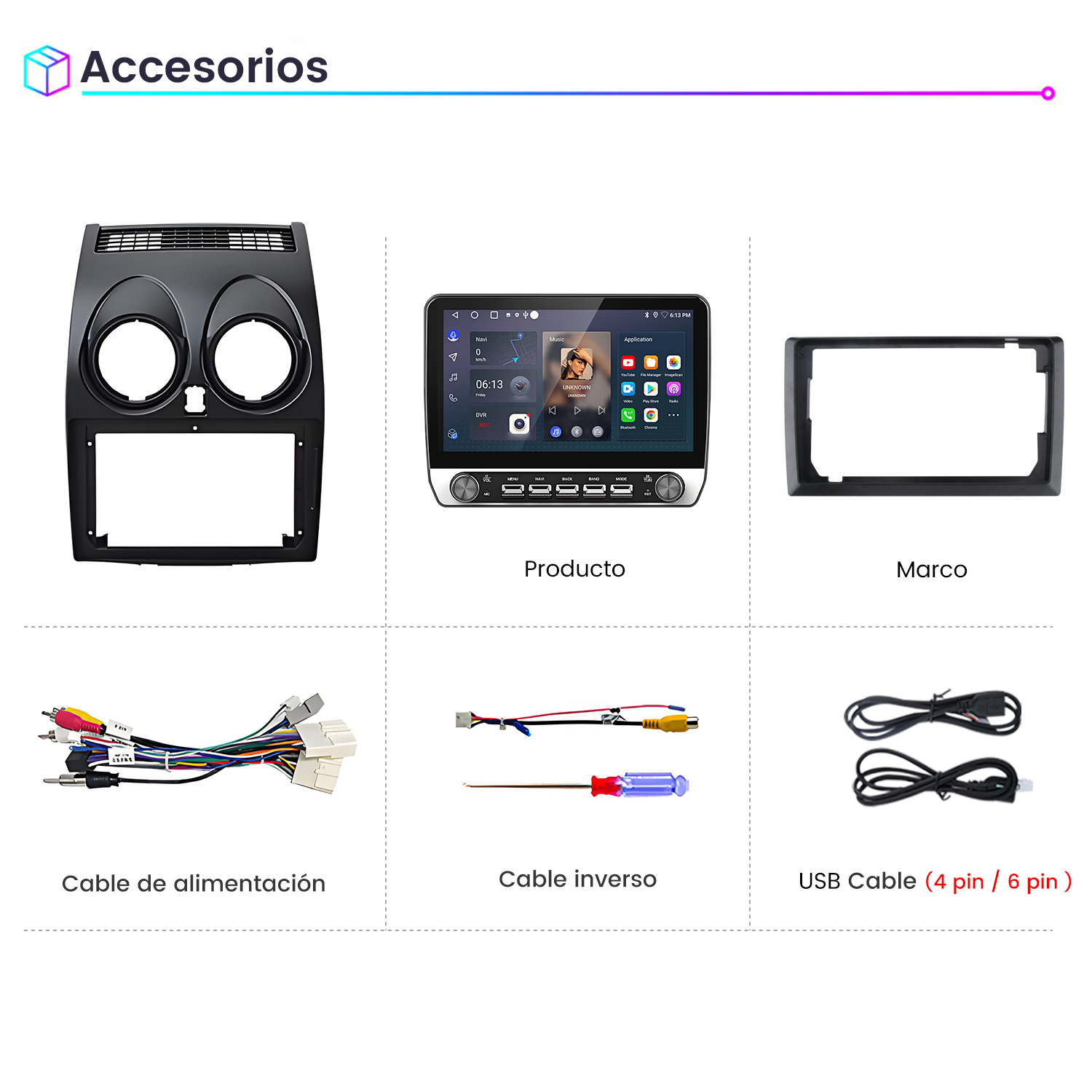 Accesorios para auto incluyendo radio, marco, cable de alimentación y cables USB.