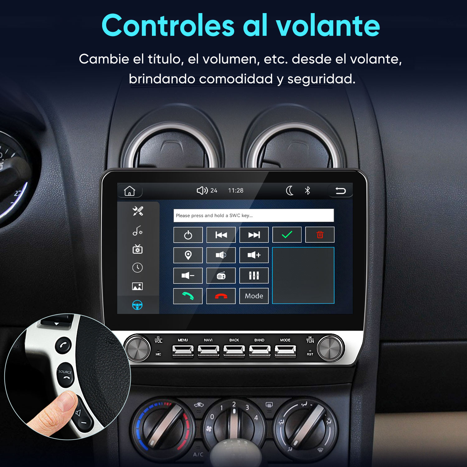 Pantalla multimedia de coche con controles de volante, mostrando un dedo pulsando un botón del volante en un círculo.