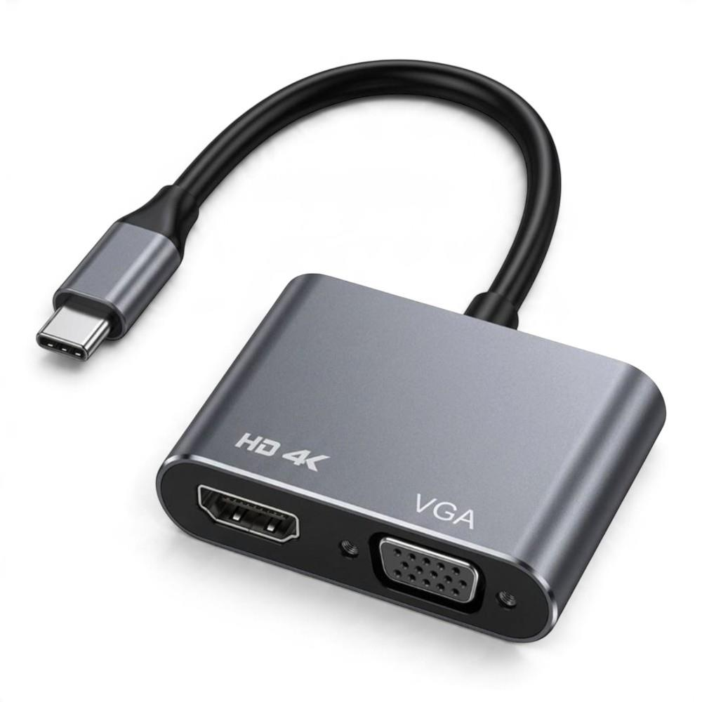 Beyaz arka planda kısa siyah kablolu gri USB-C - HDMI ve VGA adaptörü.
