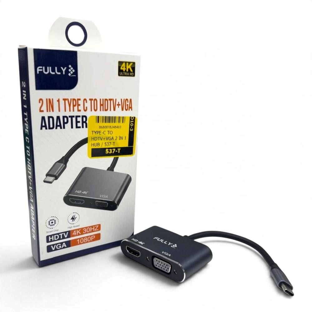 Beyaz zemin üzerinde kutusuyla birlikte siyah 2'si 1 arada Type-C - HDTV ve VGA adaptörü.