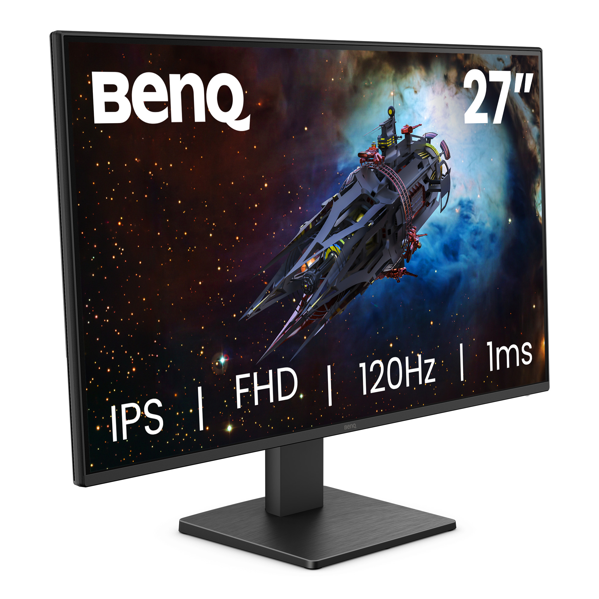 Uzay gemisi grafiği ve IPS, FHD, 120Hz, 1ms metnine sahip BenQ 27 inç monitör.
