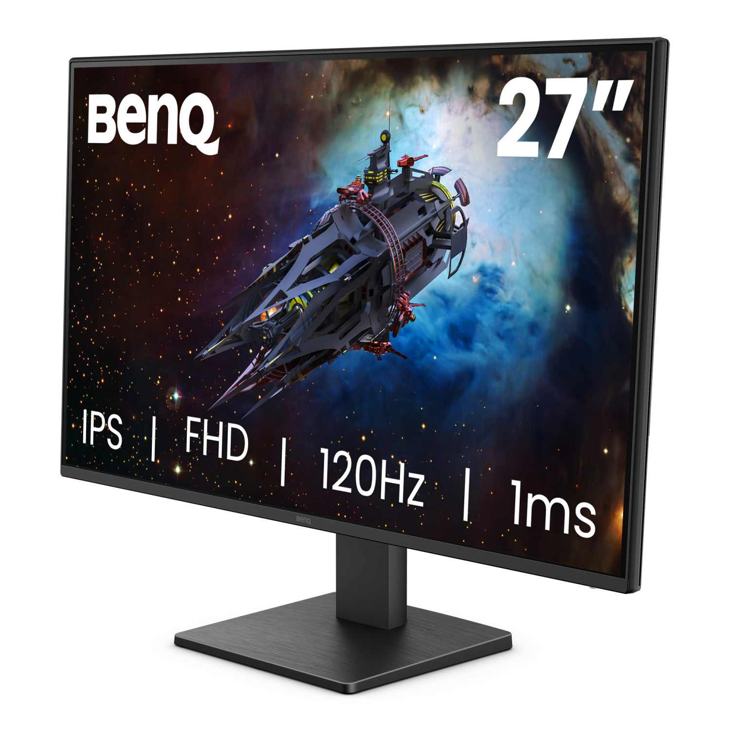 Uzay gemisi arkaplanı ve IPS, FHD, 120Hz yazısı olan 27 inç BenQ monitör.