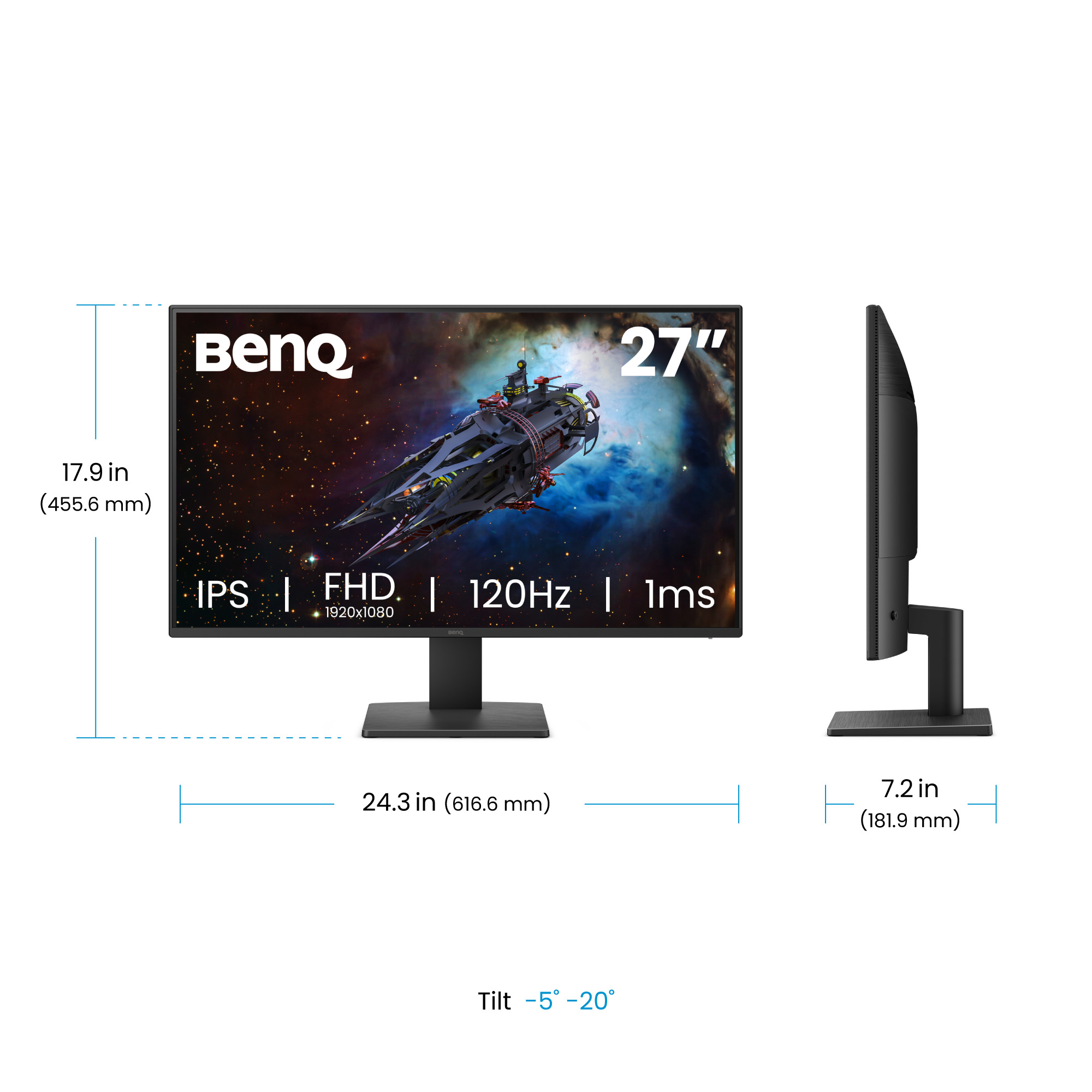 Boyutları ve özellikleri gösteren BenQ 27 inç monitörün ön ve yan görünümleri.