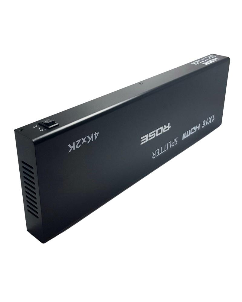 4Kx2K çözünürlüğe ve güç düğmesine sahip siyah bir Rose 1x16 HDMI ayırıcı.