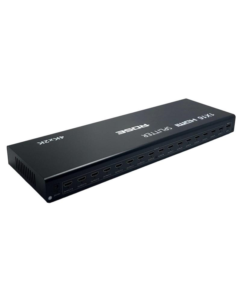 Beyaz arka planda çoklu bağlantı noktalarına sahip siyah 1x16 HDMI ayırıcı.