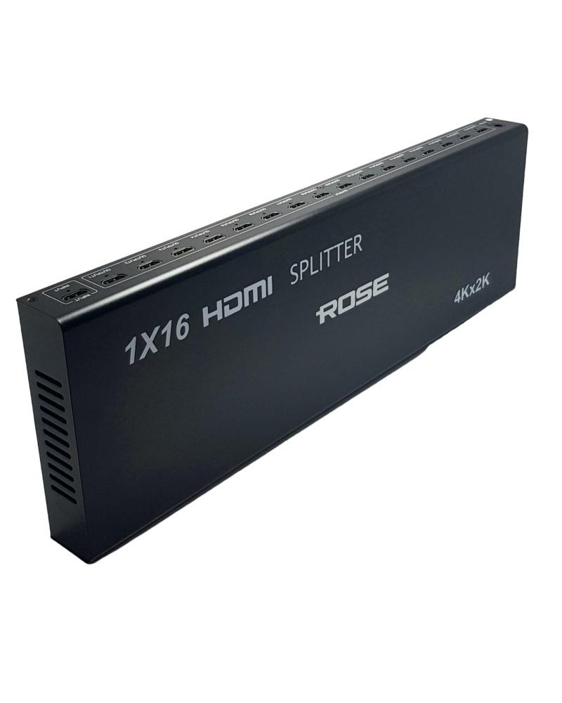 Beyaz arka planda çoklu portlara sahip Rose marka siyah 1x16 HDMI çoklayıcı.