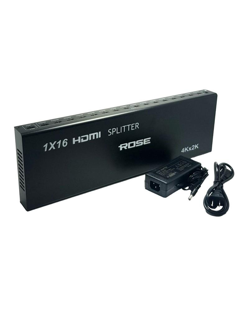 Beyaz arka planda güç adaptörü ve kablosuyla siyah renk Rose 1x16 HDMI çoklayıcı.