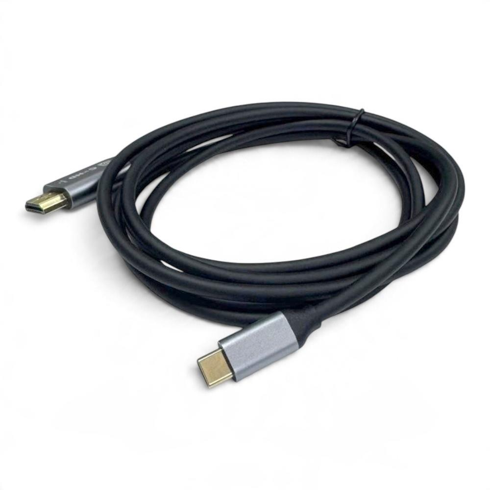 Beyaz arka planda gri metal konnektörlere sahip kıvrılmış siyah bir USB-C kablosu.