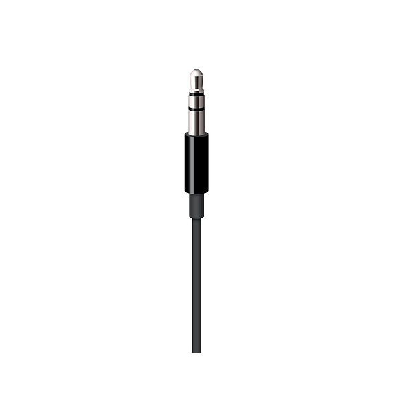 A 3.5mm audio jack with a black plastic handle and attached black cable on a white background.