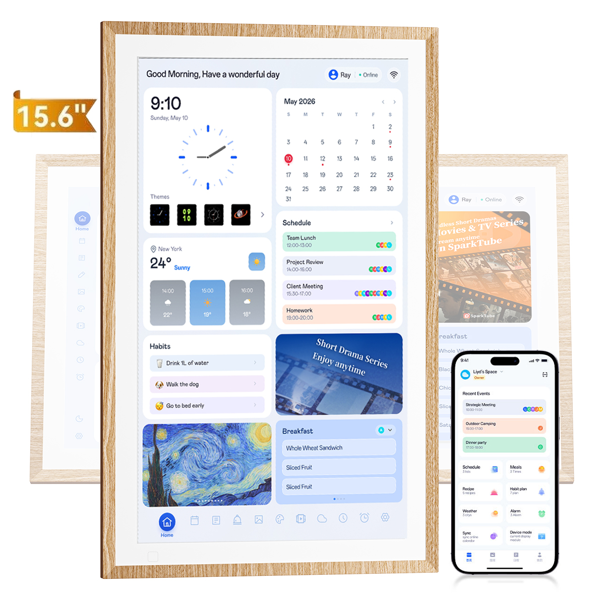 Ein 15,6-Zoll holzfarbener Smart-Kalender mit Wetter, Zeitplan und Handy-App.