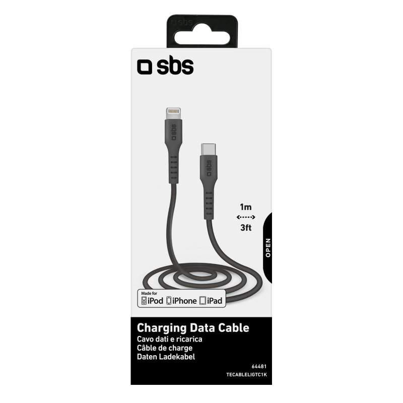 Verpackung eines grauen SBS Lade- und Datenkabels mit USB-C und Lightning Anschluss, 1m lang.