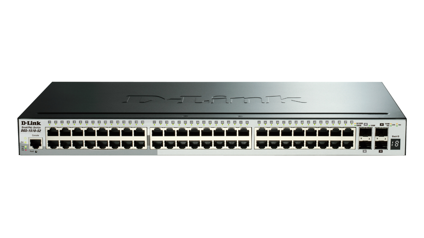 Switch di rete D-Link DGS-1510-52 nero con porte Ethernet su sfondo bianco.