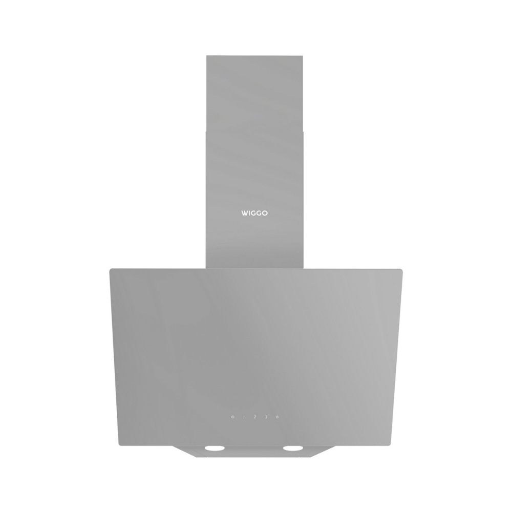 Modern gray kitchen range hood against a white background with the Wiggo logo.